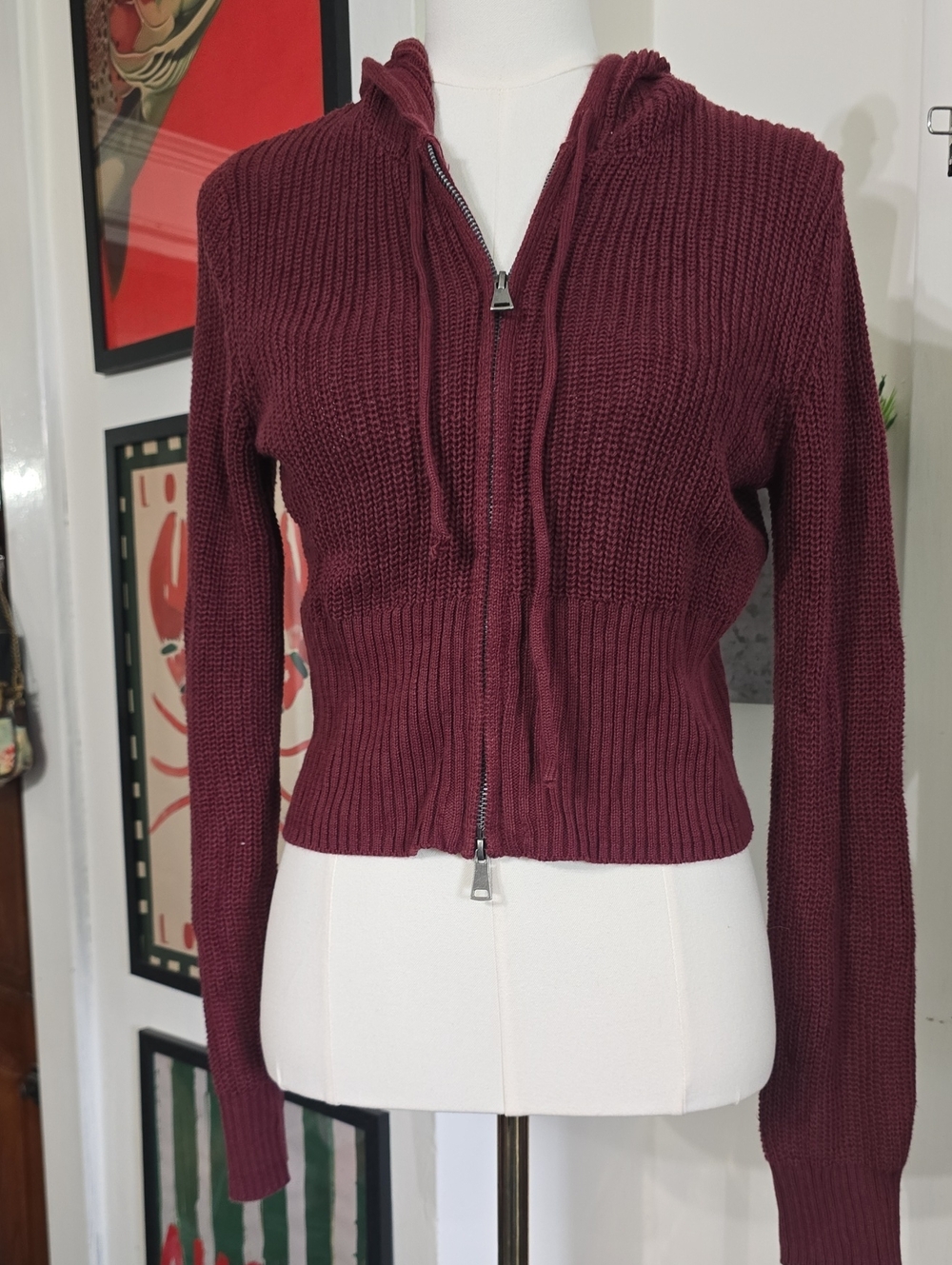 Pink Rose Women's Zip-Front Hooded Cardigan Cropped Jacket- Burgundy